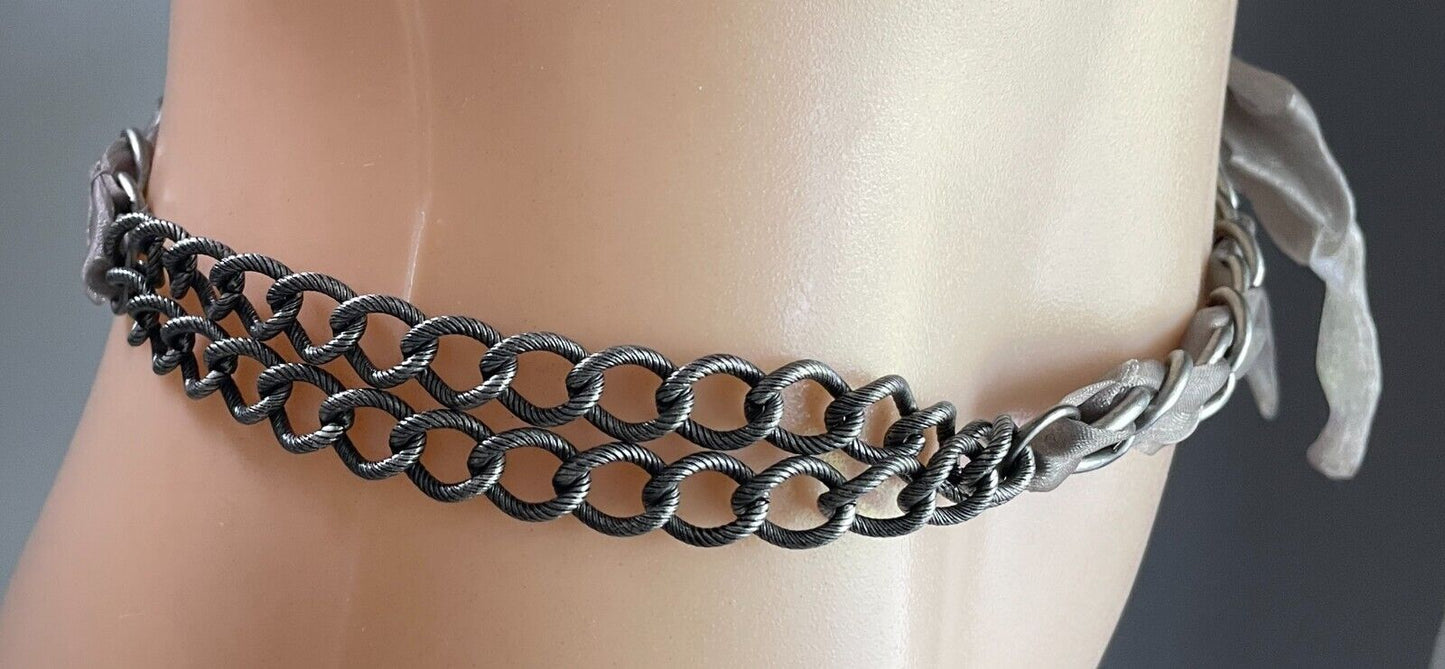CHAIN BELT Thick Silver Tone Taupe Chiffon Fabric Bow Trim Total Length 108cm