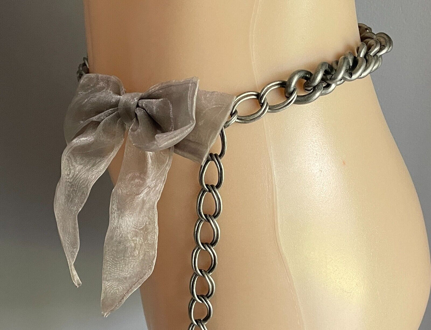CHAIN BELT Thick Silver Tone Taupe Chiffon Fabric Bow Trim Total Length 108cm