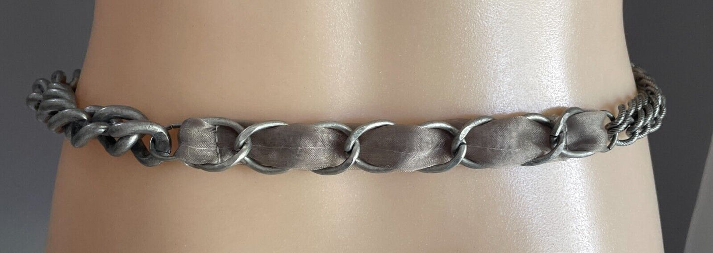 CHAIN BELT Thick Silver Tone Taupe Chiffon Fabric Bow Trim Total Length 108cm