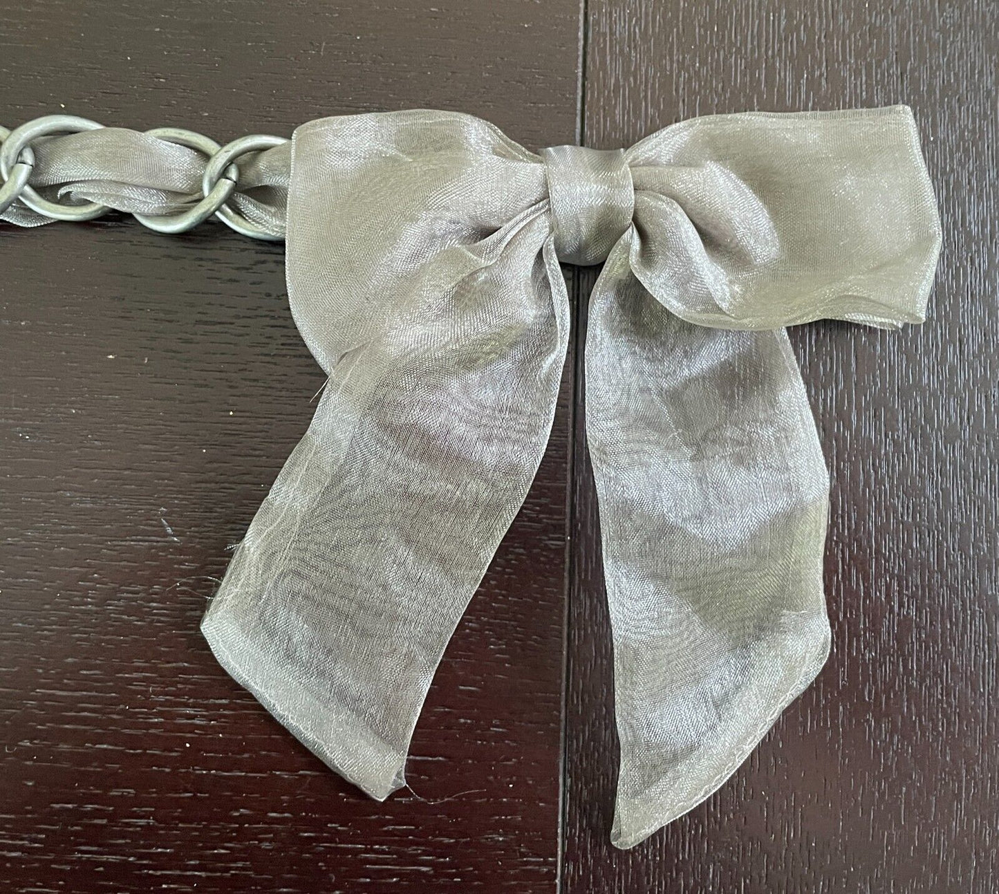 CHAIN BELT Thick Silver Tone Taupe Chiffon Fabric Bow Trim Total Length 108cm