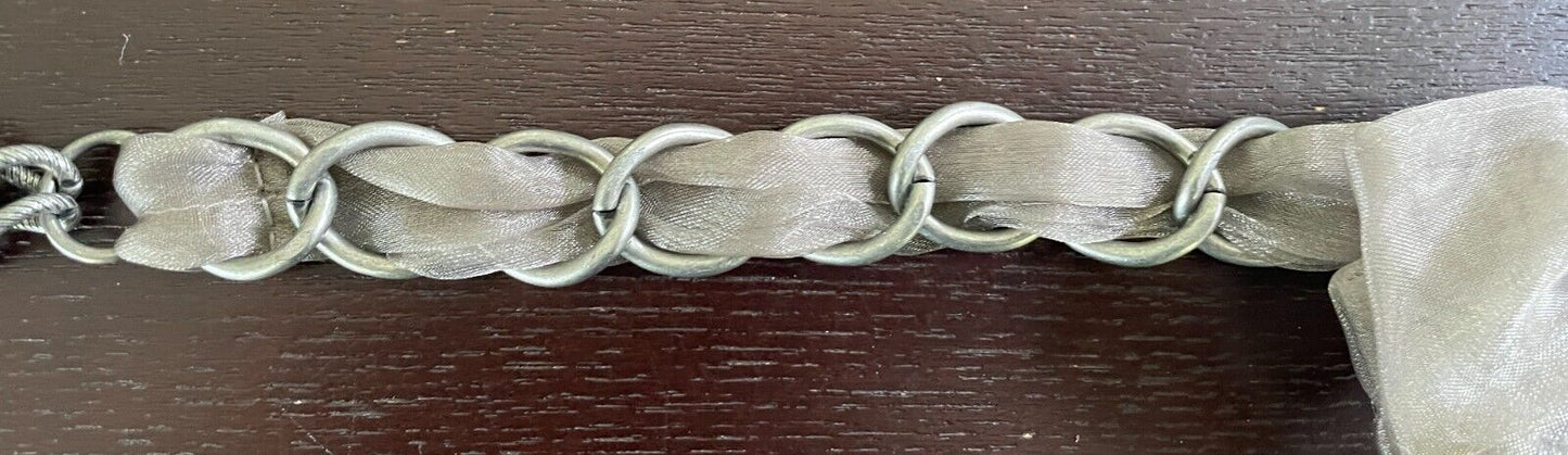 CHAIN BELT Thick Silver Tone Taupe Chiffon Fabric Bow Trim Total Length 108cm