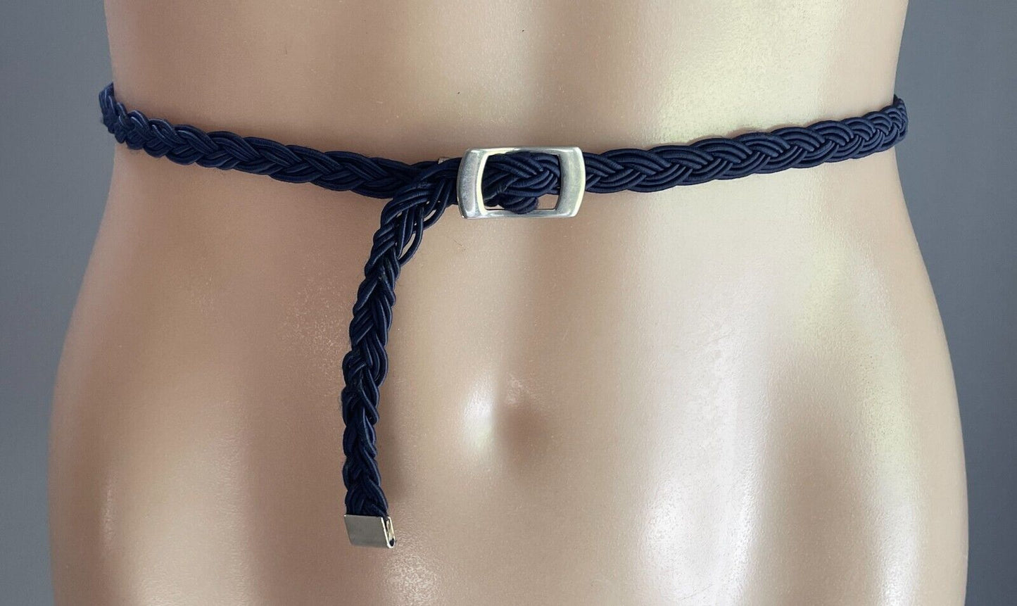 Belt Navy Blue Fabric Woven Plaited 1cm Thin 81.5cm Long Silver Tone Hardware