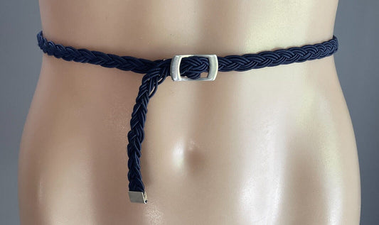 Belt Navy Blue Fabric Woven Plaited 1cm Thin 81.5cm Long Silver Tone Hardware