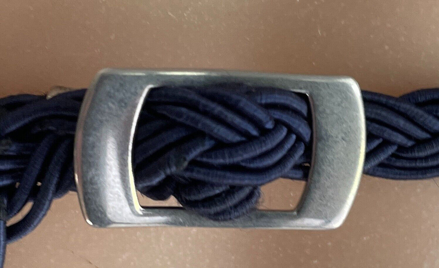 Belt Navy Blue Fabric Woven Plaited 1cm Thin 81.5cm Long Silver Tone Hardware