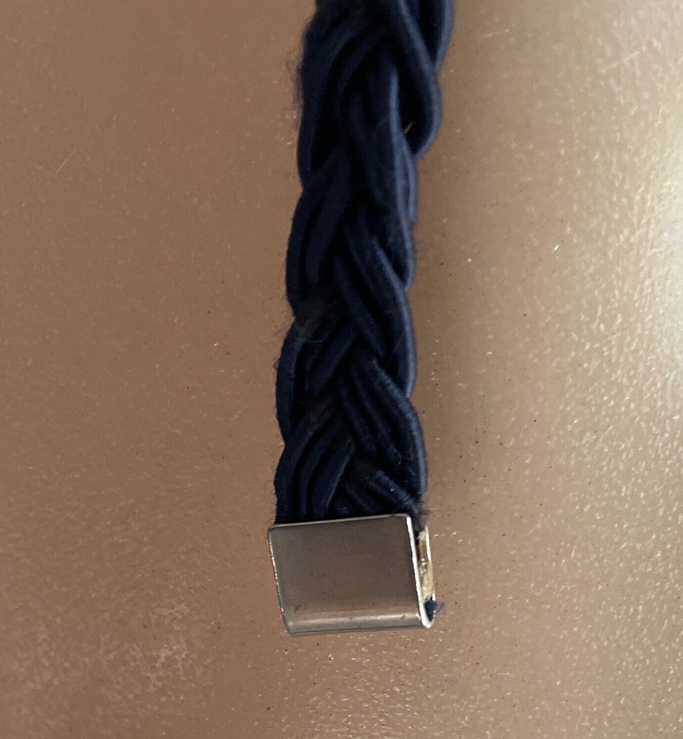 Belt Navy Blue Fabric Woven Plaited 1cm Thin 81.5cm Long Silver Tone Hardware