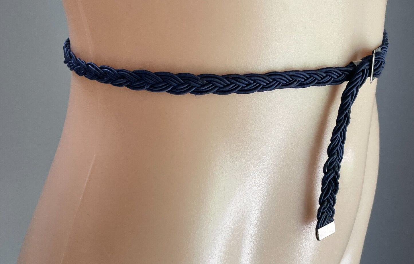 Belt Navy Blue Fabric Woven Plaited 1cm Thin 81.5cm Long Silver Tone Hardware