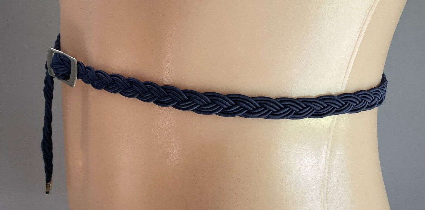 Belt Navy Blue Fabric Woven Plaited 1cm Thin 81.5cm Long Silver Tone Hardware