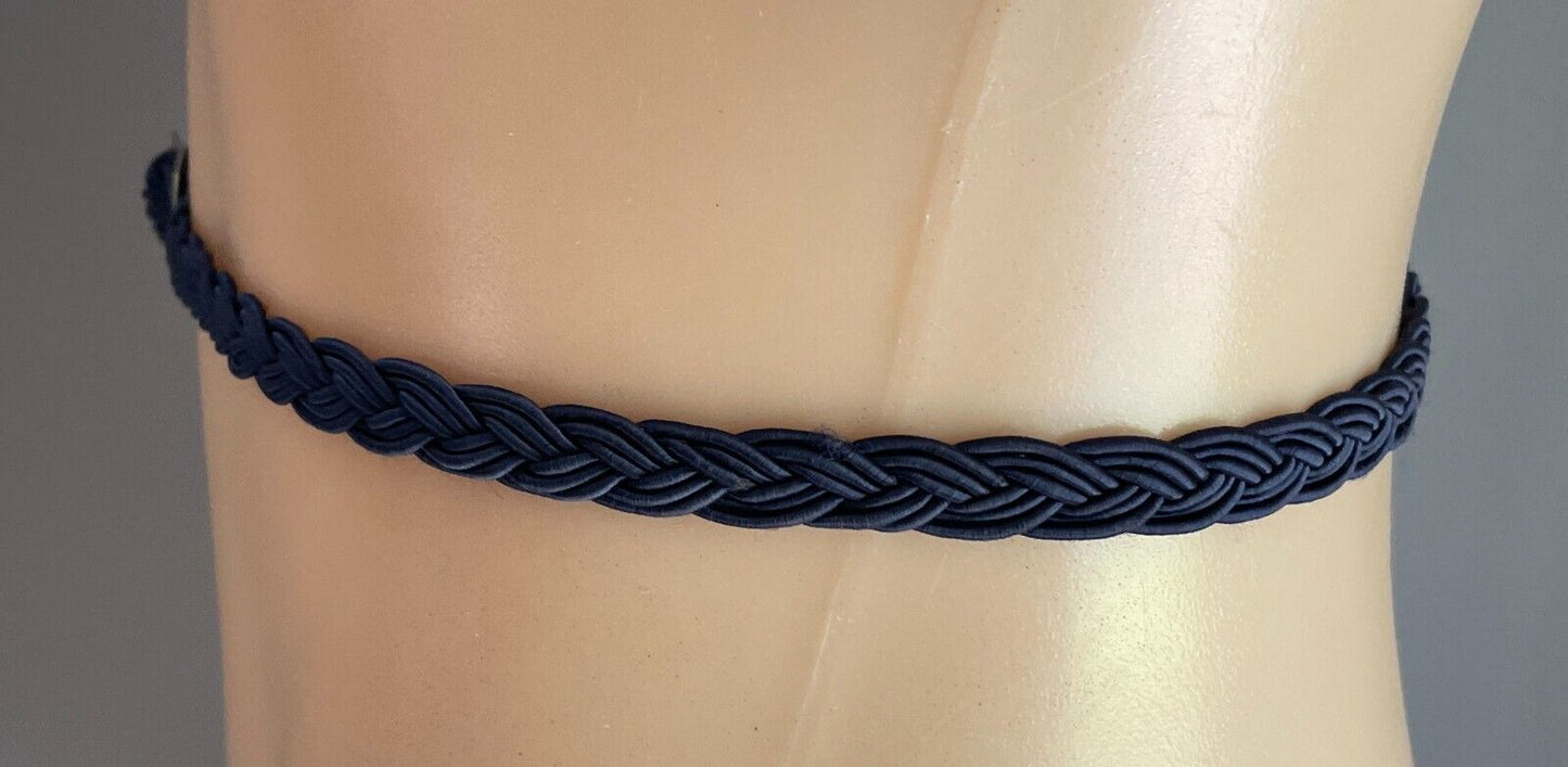 Belt Navy Blue Fabric Woven Plaited 1cm Thin 81.5cm Long Silver Tone Hardware