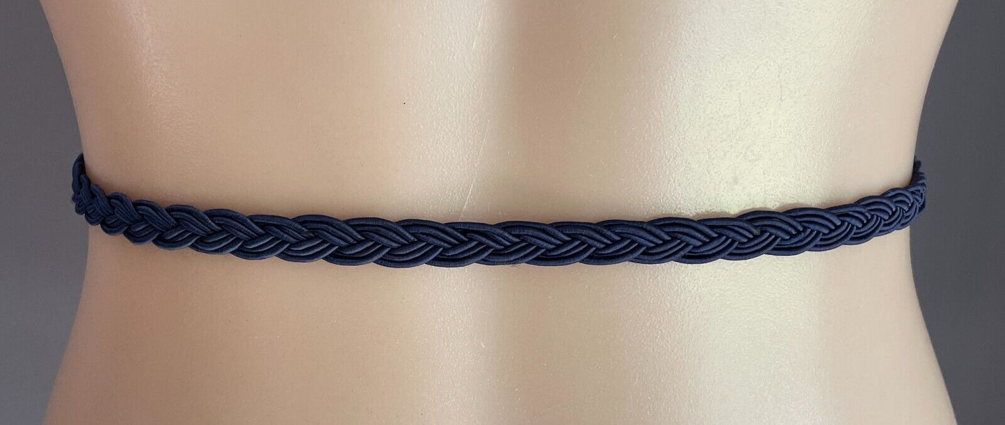 Belt Navy Blue Fabric Woven Plaited 1cm Thin 81.5cm Long Silver Tone Hardware