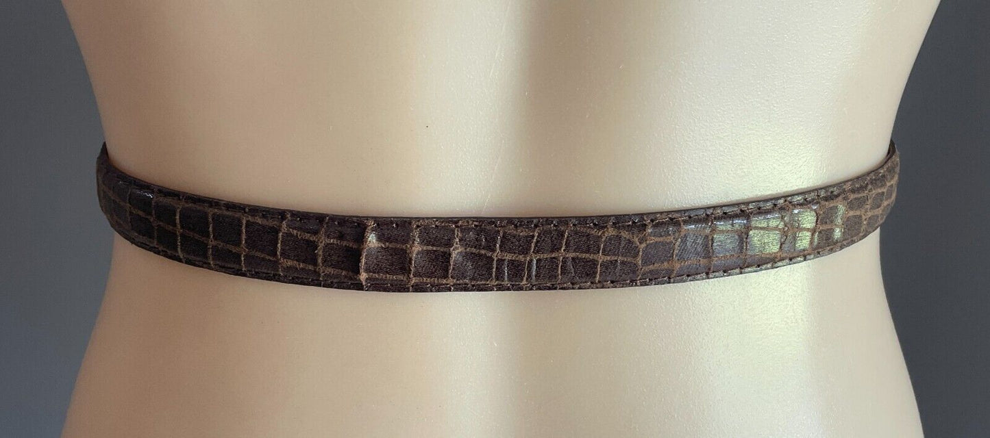 LADIES BELT Brown Croc Look Pleather 2cm Thin Size 12 To Fit Waist 75 - 85cm