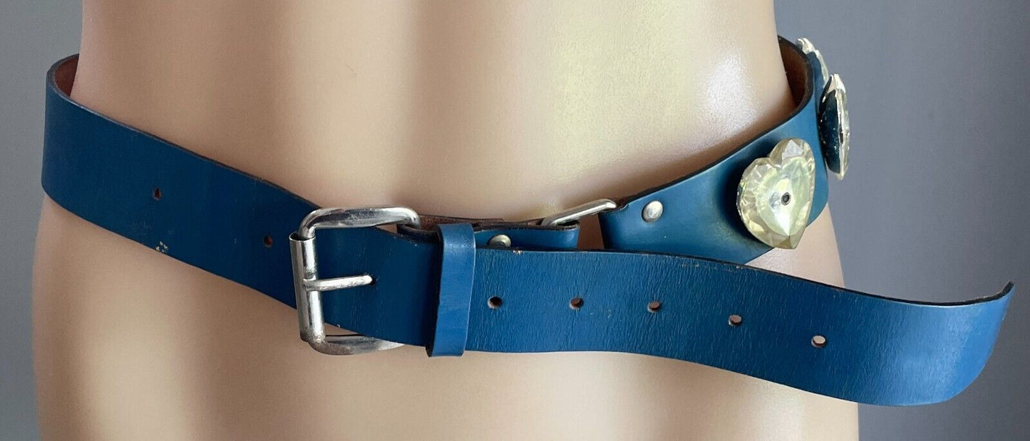 LEATHER BELT Vintage 1980's Blue Clear Crystal Look Trim To Fit Waist  69 - 90cm