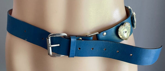 LEATHER BELT Vintage 1980's Blue Clear Crystal Look Trim To Fit Waist  69 - 90cm