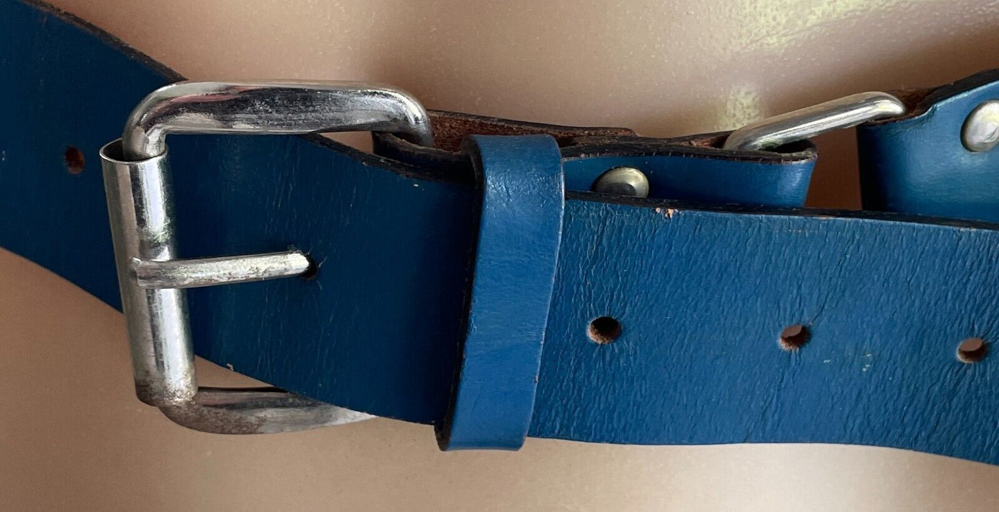 LEATHER BELT Vintage 1980's Blue Clear Crystal Look Trim To Fit Waist  69 - 90cm