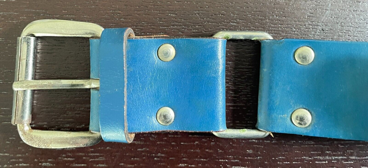LEATHER BELT Vintage 1980's Blue Clear Crystal Look Trim To Fit Waist  69 - 90cm