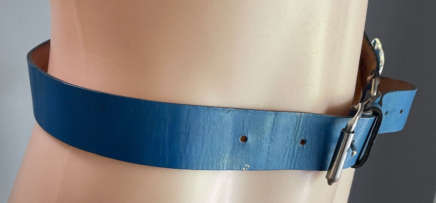 LEATHER BELT Vintage 1980's Blue Clear Crystal Look Trim To Fit Waist  69 - 90cm