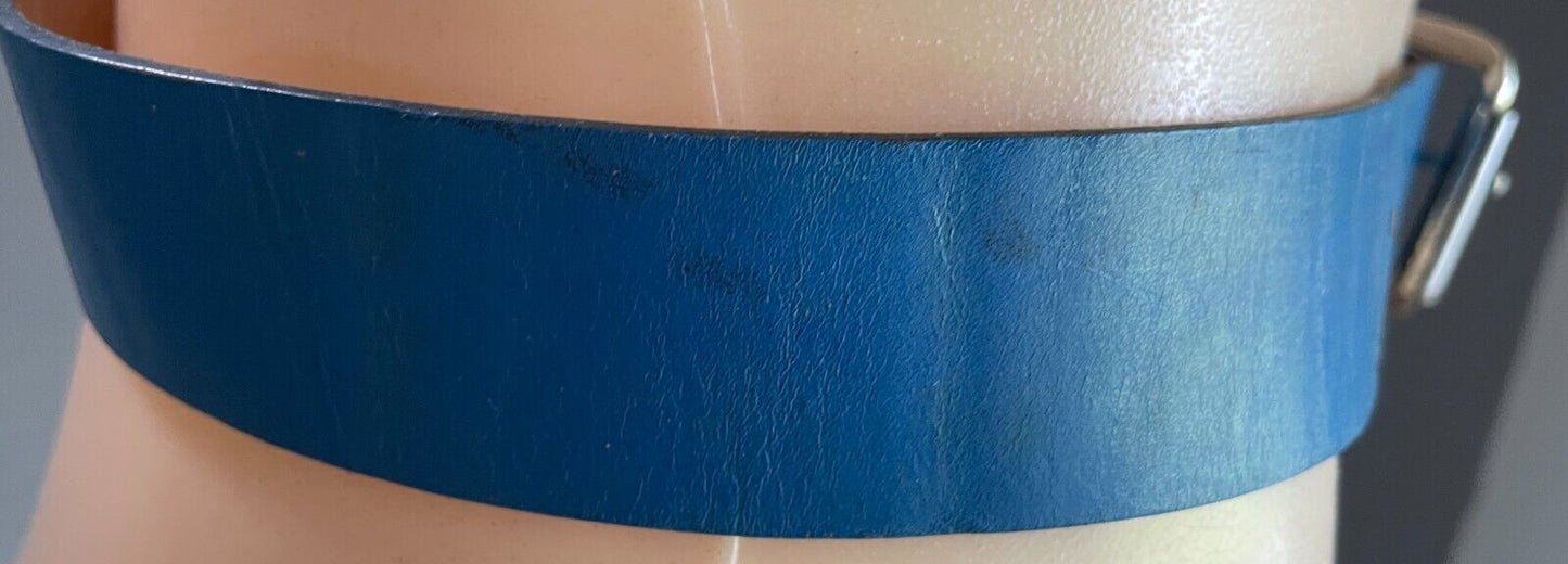 LEATHER BELT Vintage 1980's Blue Clear Crystal Look Trim To Fit Waist  69 - 90cm
