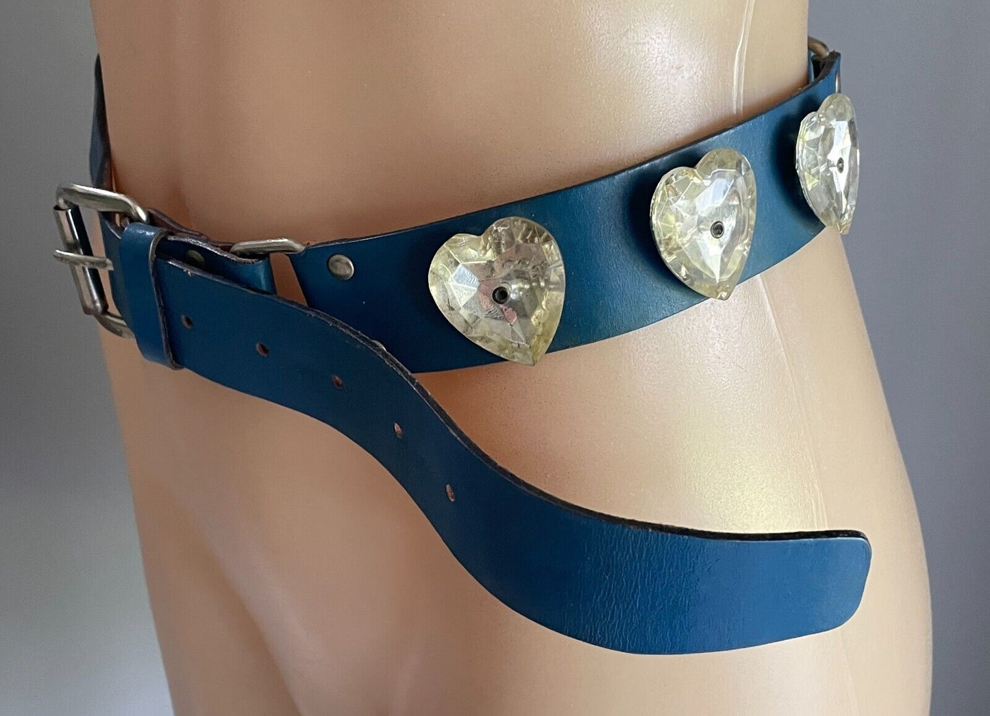 LEATHER BELT Vintage 1980's Blue Clear Crystal Look Trim To Fit Waist  69 - 90cm