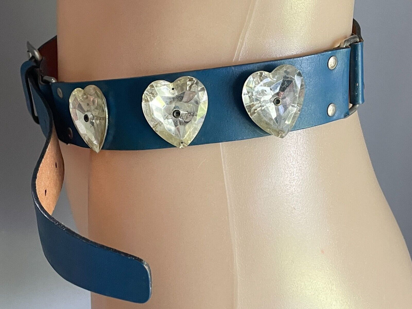 LEATHER BELT Vintage 1980's Blue Clear Crystal Look Trim To Fit Waist  69 - 90cm