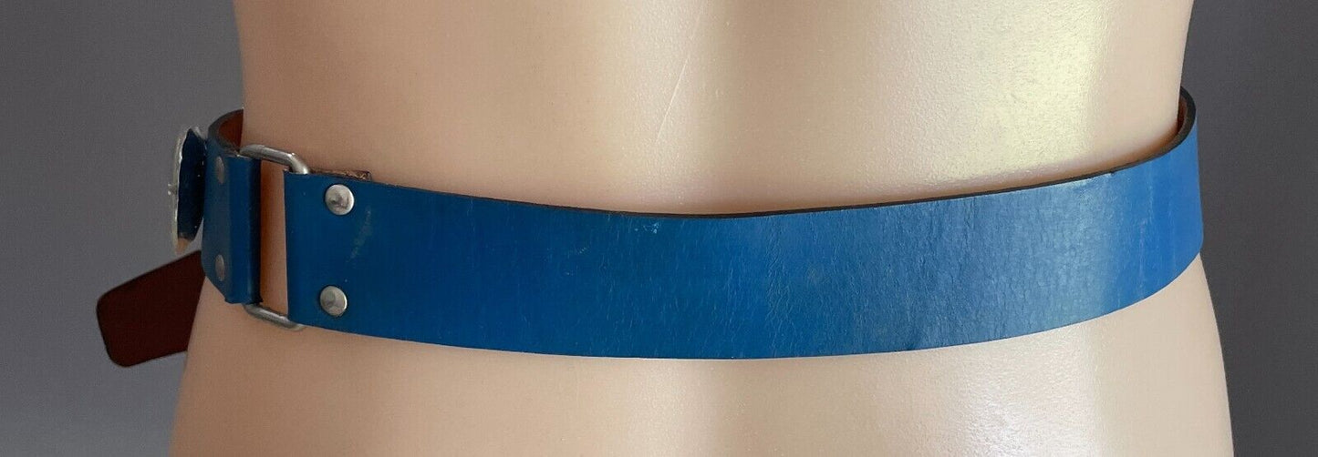 LEATHER BELT Vintage 1980's Blue Clear Crystal Look Trim To Fit Waist  69 - 90cm
