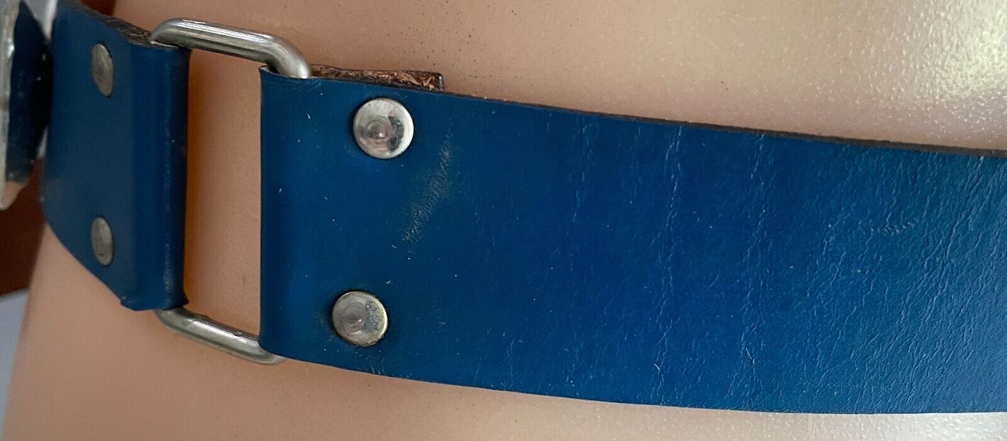 LEATHER BELT Vintage 1980's Blue Clear Crystal Look Trim To Fit Waist  69 - 90cm