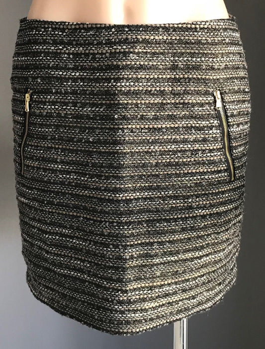 ESPRIT Mini Skirt Gold Grey Black White Tweed Low Waist Zip Trim Ladies Size 10