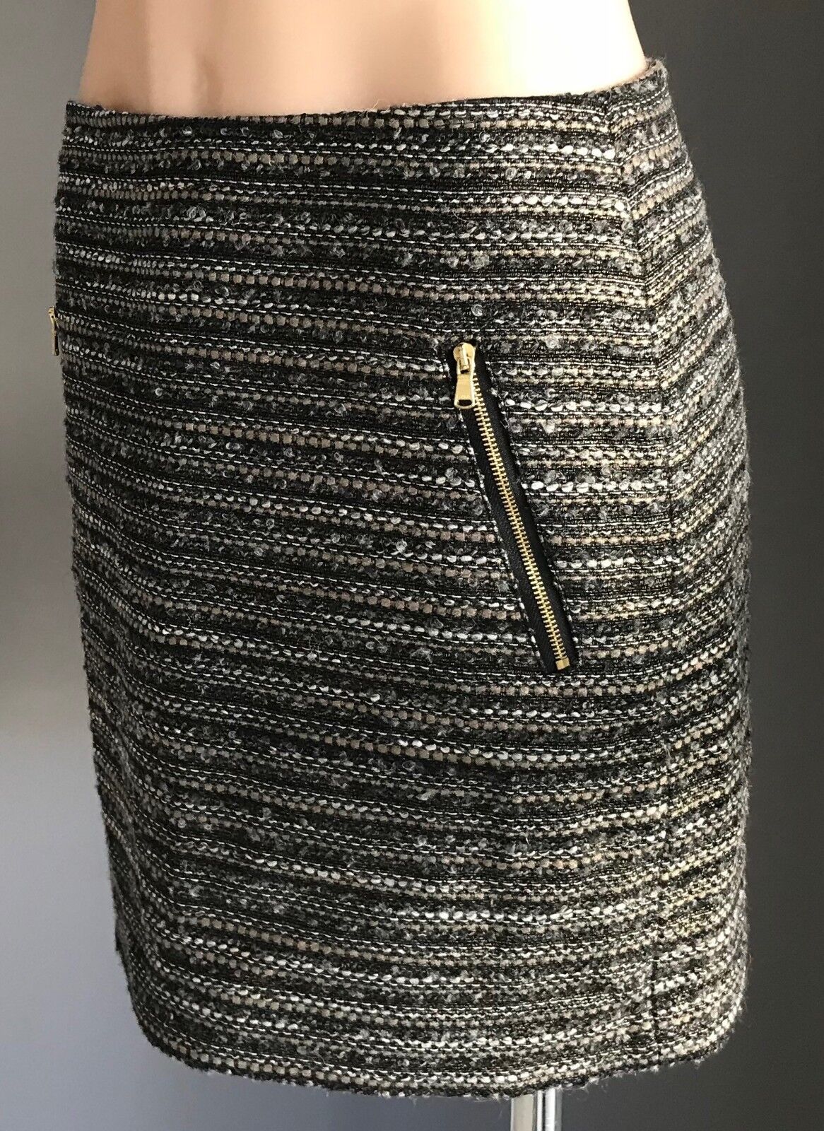 ESPRIT Mini Skirt Gold Grey Black White Tweed Low Waist Zip Trim Ladies Size 10