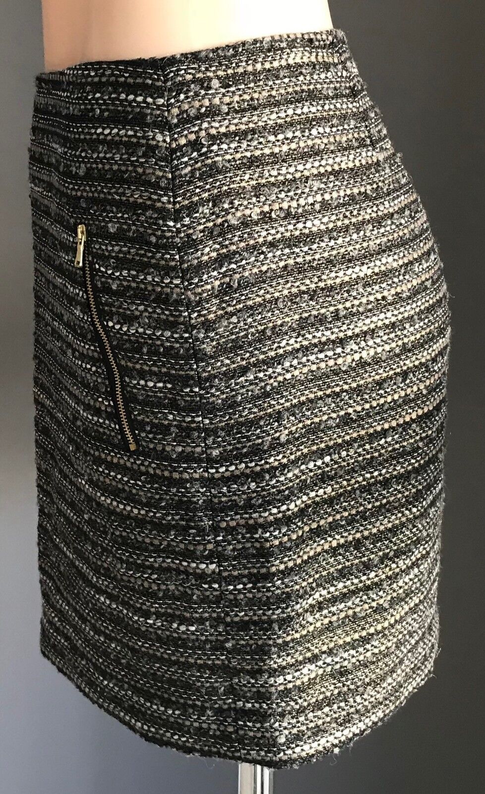 ESPRIT Mini Skirt Gold Grey Black White Tweed Low Waist Zip Trim Ladies Size 10