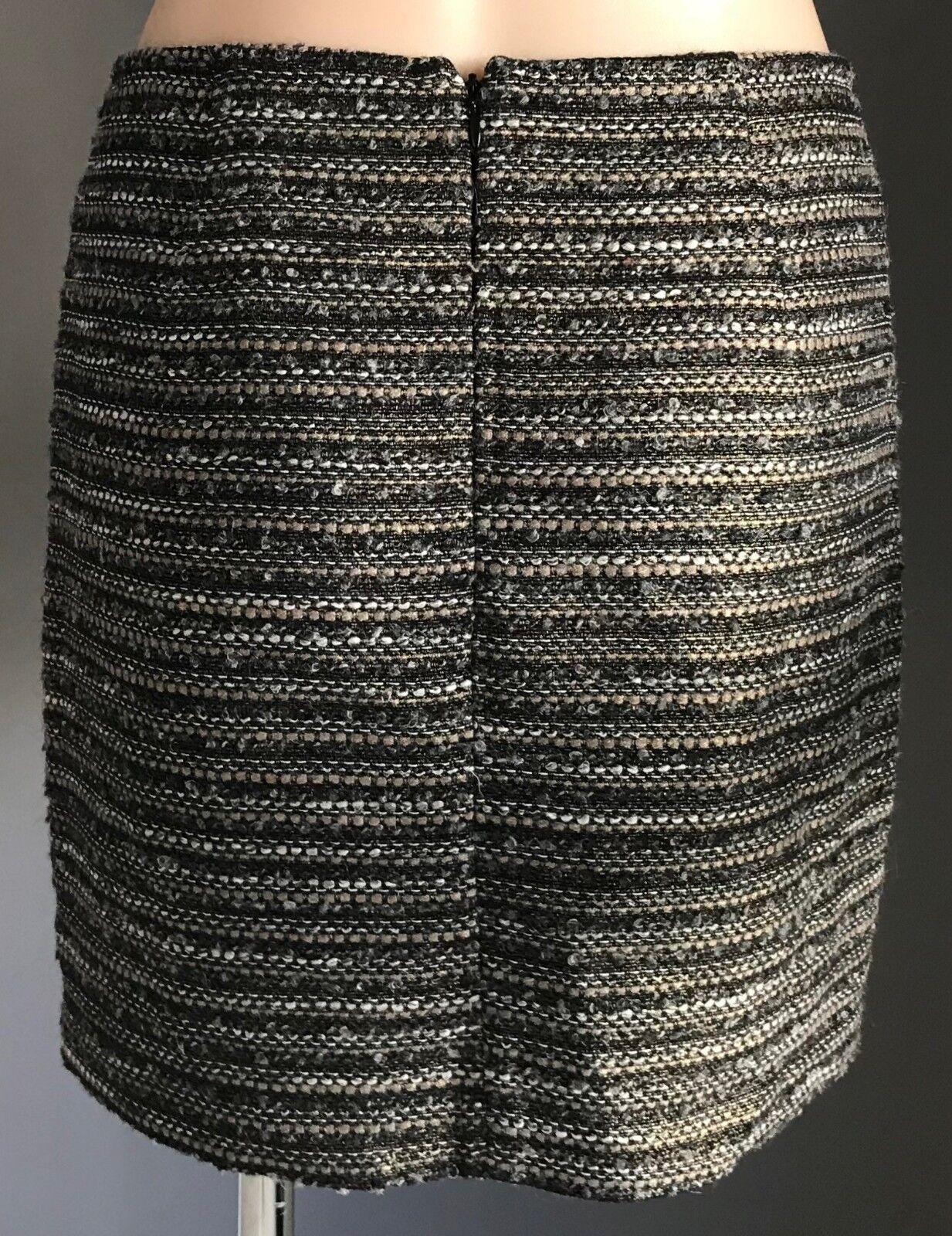ESPRIT Mini Skirt Gold Grey Black White Tweed Low Waist Zip Trim Ladies Size 10