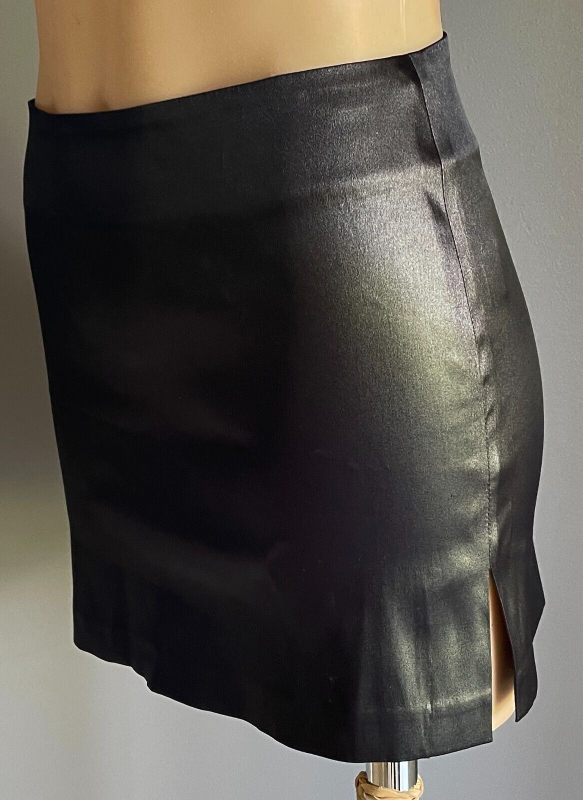 BLOCKOUT Mini Skirt Black Shiny Satin Stretch Ladies Skirt Size 8 10 Retro Gem