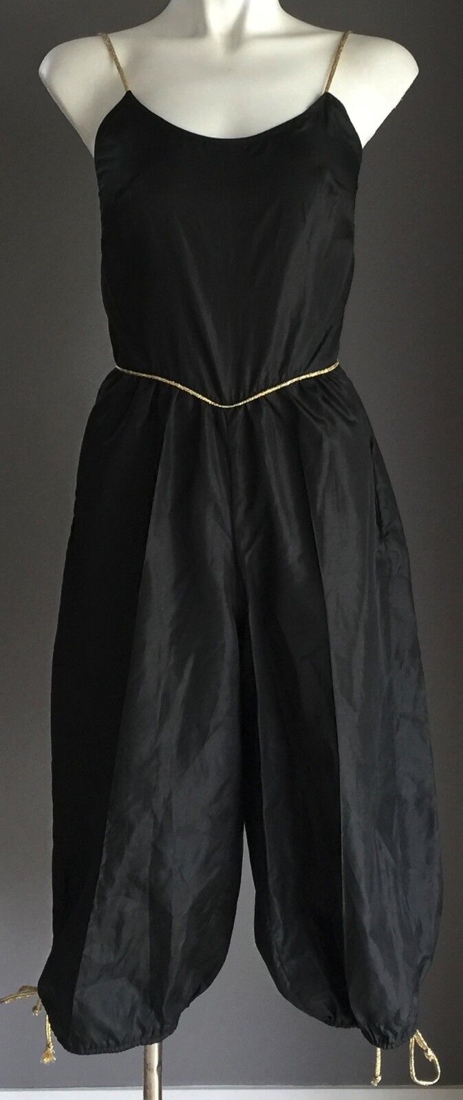 Vtg 70s DISCO Jumpsuit Size 8 Black Silky 3/4 Length Gold Trim Pants