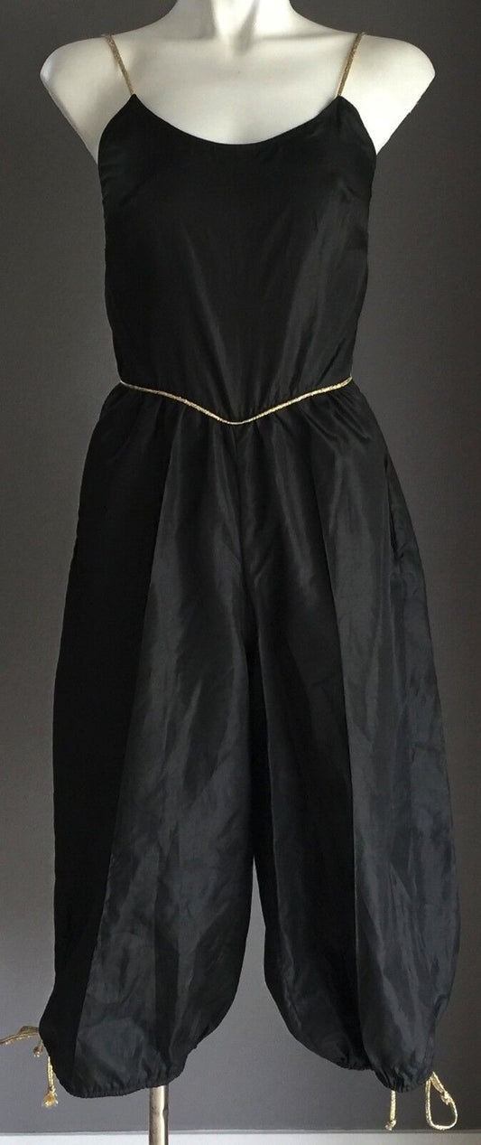 Vtg 70s DISCO Jumpsuit Size 8 Black Silky 3/4 Length Gold Trim Pants