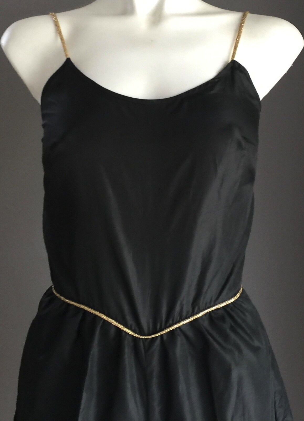 Vtg 70s DISCO Jumpsuit Size 8 Black Silky 3/4 Length Gold Trim Pants