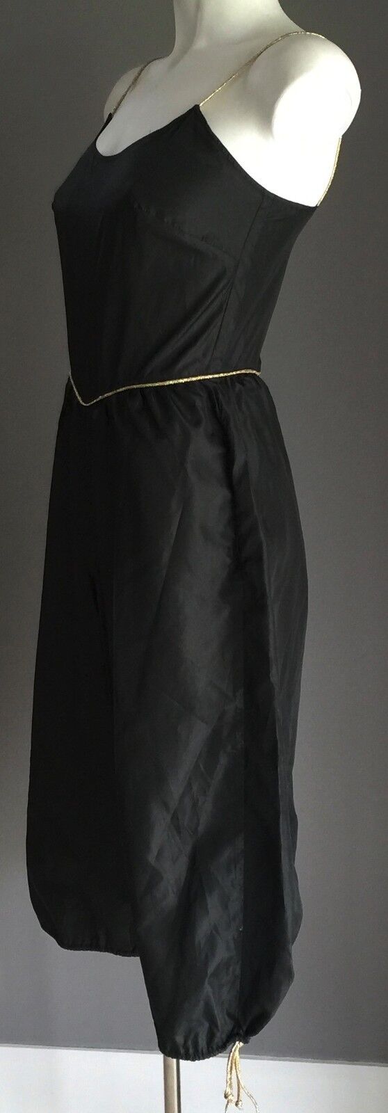 Vtg 70s DISCO Jumpsuit Size 8 Black Silky 3/4 Length Gold Trim Pants