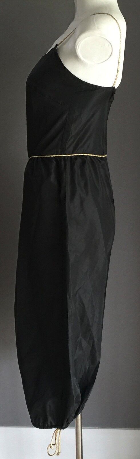 Vtg 70s DISCO Jumpsuit Size 8 Black Silky 3/4 Length Gold Trim Pants