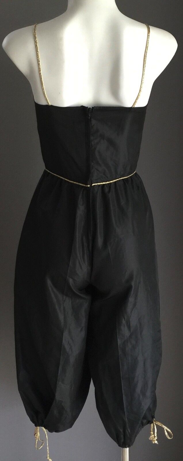 Vtg 70s DISCO Jumpsuit Size 8 Black Silky 3/4 Length Gold Trim Pants
