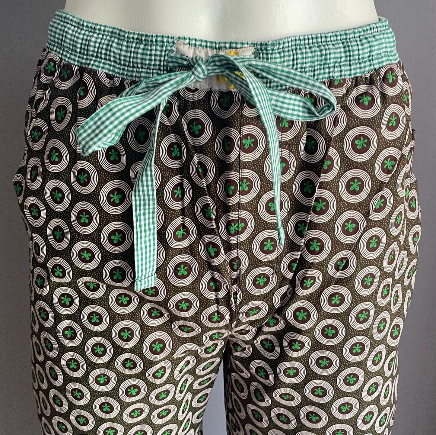 GOODBYE MALARIA Shwe Shwe Lounge Pants Burgundy Green Print Drawstring Size XS 8