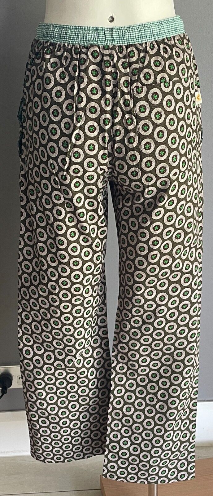 GOODBYE MALARIA Shwe Shwe Lounge Pants Burgundy Green Print Drawstring Size XS 8