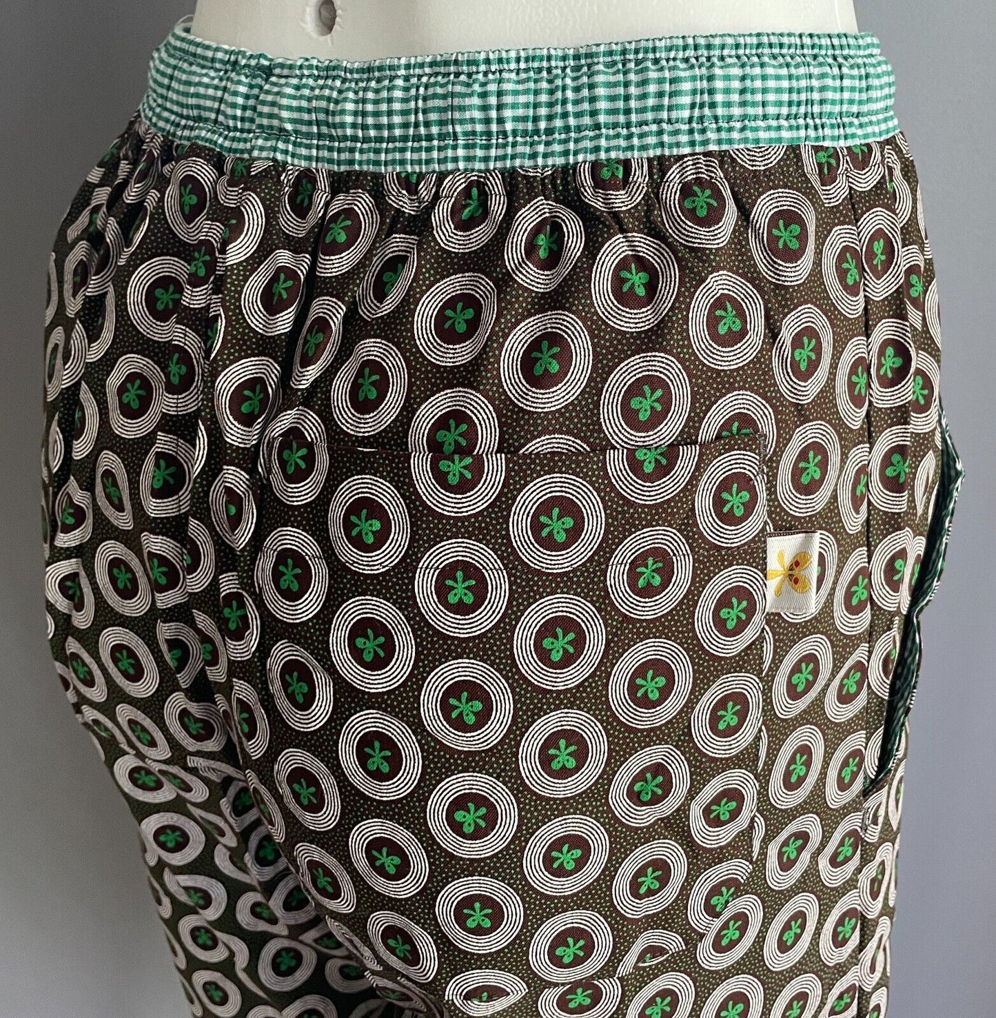 GOODBYE MALARIA Shwe Shwe Lounge Pants Burgundy Green Print Drawstring Size XS 8