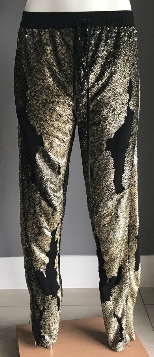 BEBE SYDNEY Tapered Pants Gold Sequin & Black Elastic Waist Ladies Size 8 Glam