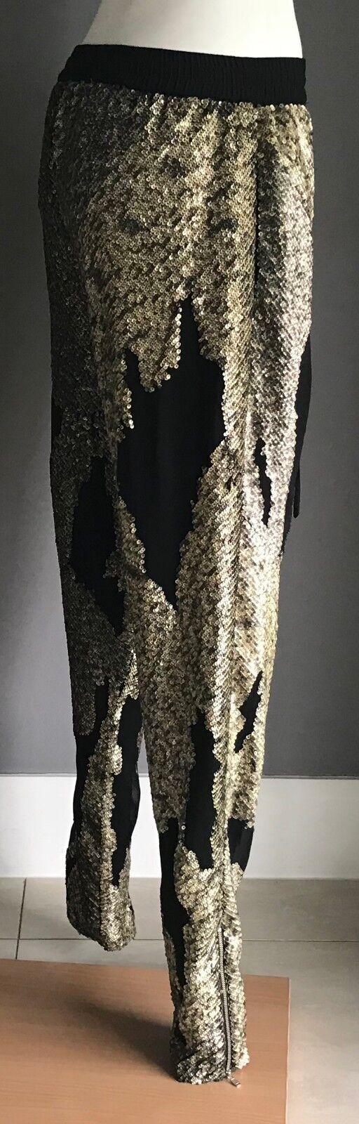 BEBE SYDNEY Tapered Pants Gold Sequin & Black Elastic Waist Ladies Size 8 Glam
