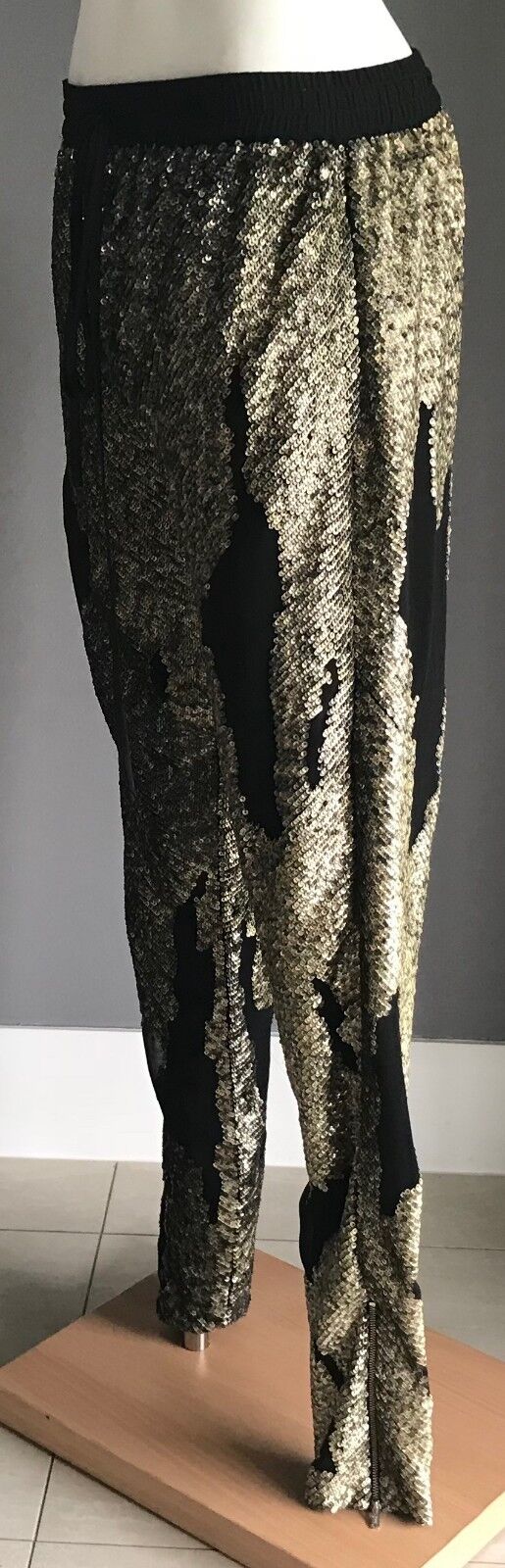 BEBE SYDNEY Tapered Pants Gold Sequin & Black Elastic Waist Ladies Size 8 Glam
