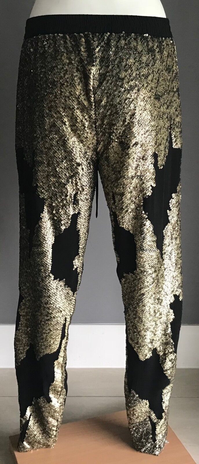 BEBE SYDNEY Tapered Pants Gold Sequin & Black Elastic Waist Ladies Size 8 Glam
