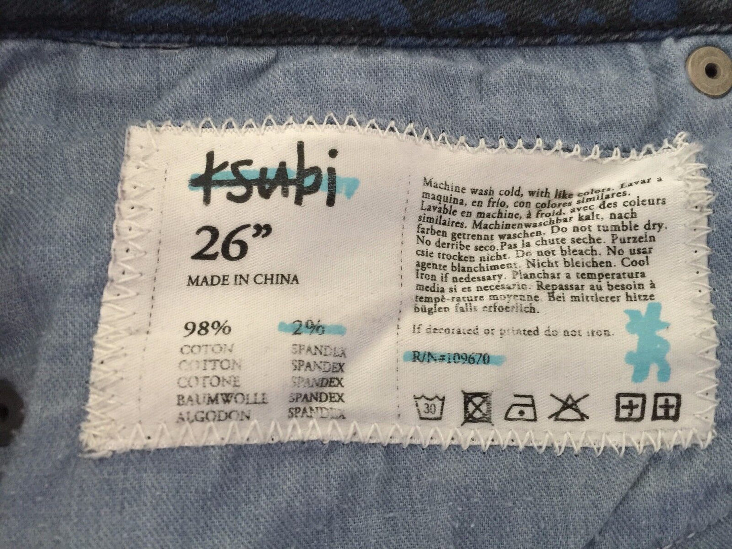 KSUBI Jeans Femme Midnight Mass Size 8 Crop Black & Blue Print Ladies 26in