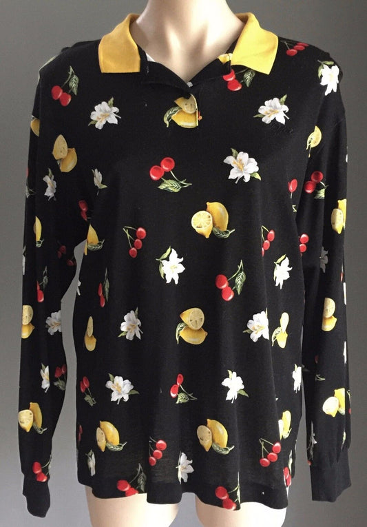 D JET Polo Shirt Black Fruit & Floral Print Plus Size AU 16 18