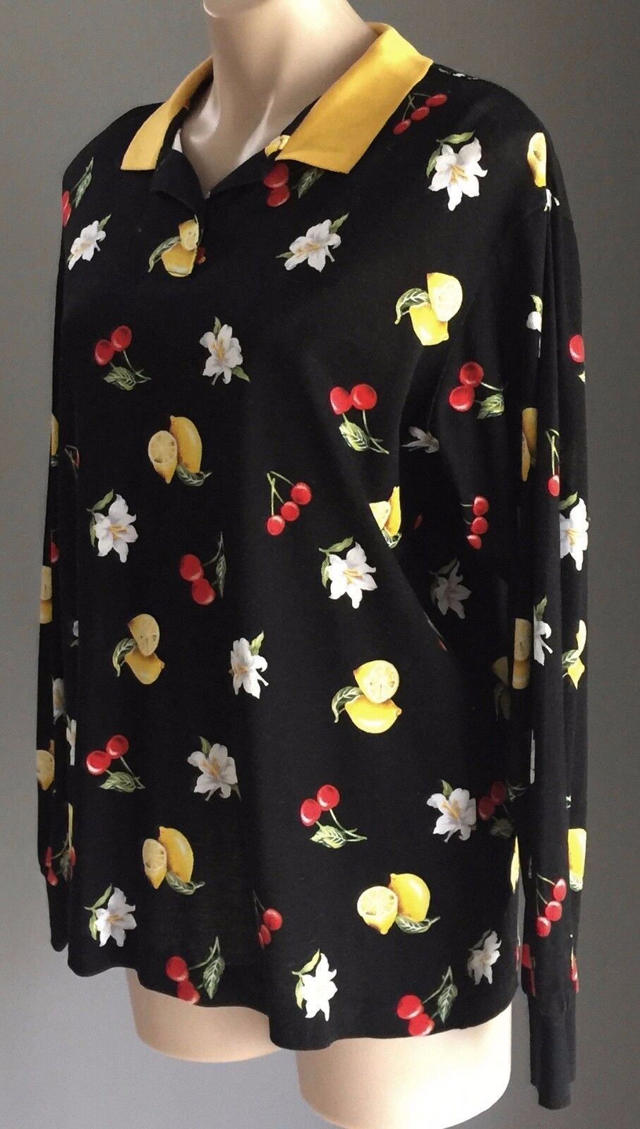 D JET Polo Shirt Black Fruit & Floral Print Plus Size AU 16 18