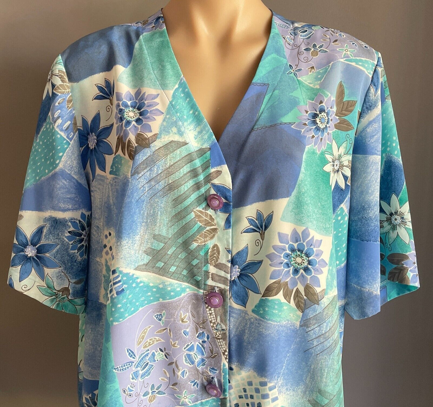 FORBAT Shirt Blue Green Mauve White Print Short Sleeve Button Front Size 18