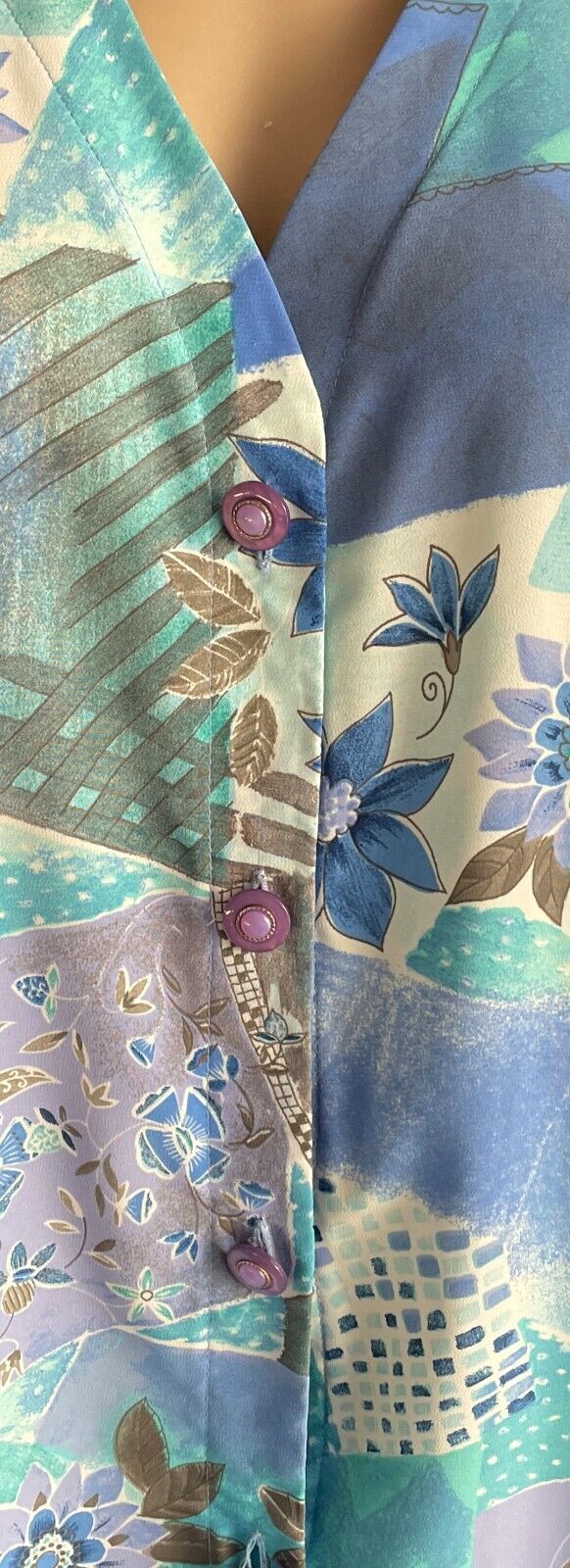 FORBAT Shirt Blue Green Mauve White Print Short Sleeve Button Front Size 18