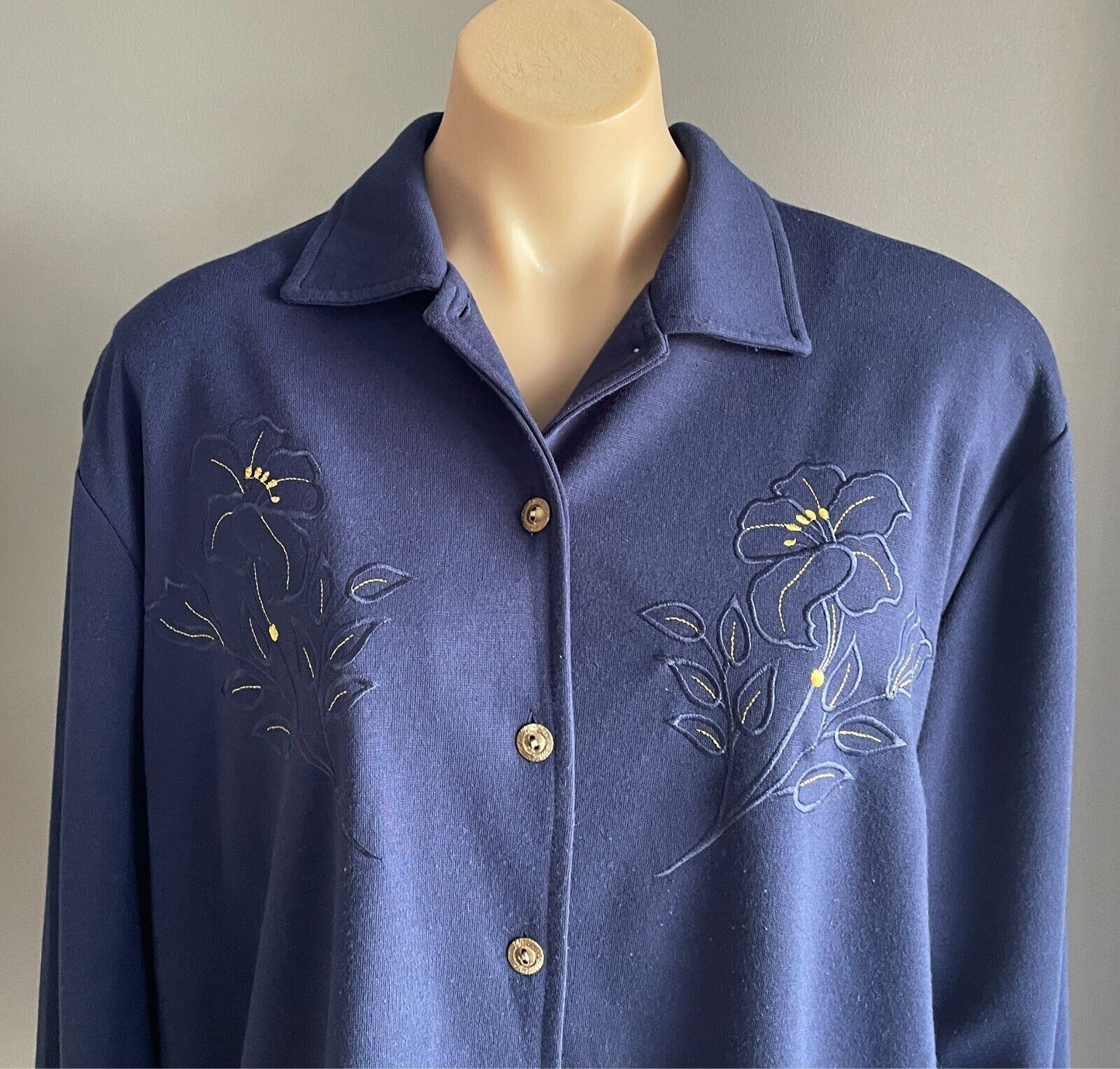 COMPLIMENTS Jacket Navy Lightweight Buttons Size 18 Embroidered Flowers Vintage