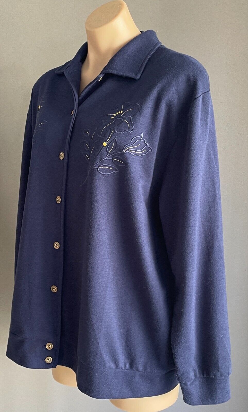 COMPLIMENTS Jacket Navy Lightweight Buttons Size 18 Embroidered Flowers Vintage