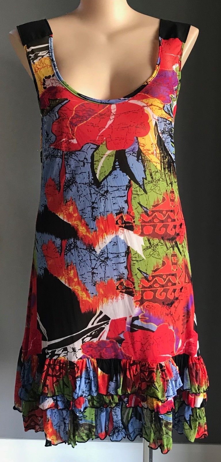 U FIRST Top MultiColoured & Print Ruffle Hem Mesh Net Dress Tunic Size 18